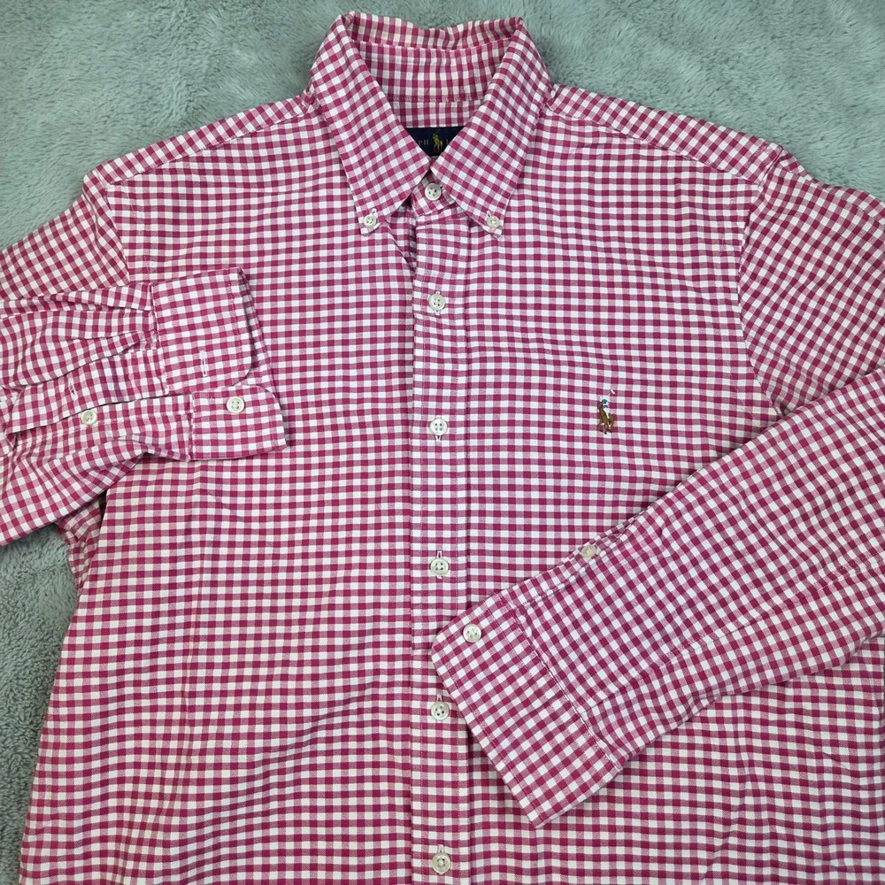 Ralph Lauren Gingham Button Down Mens M Long Sleeve Pony Logo Pink White Plaid